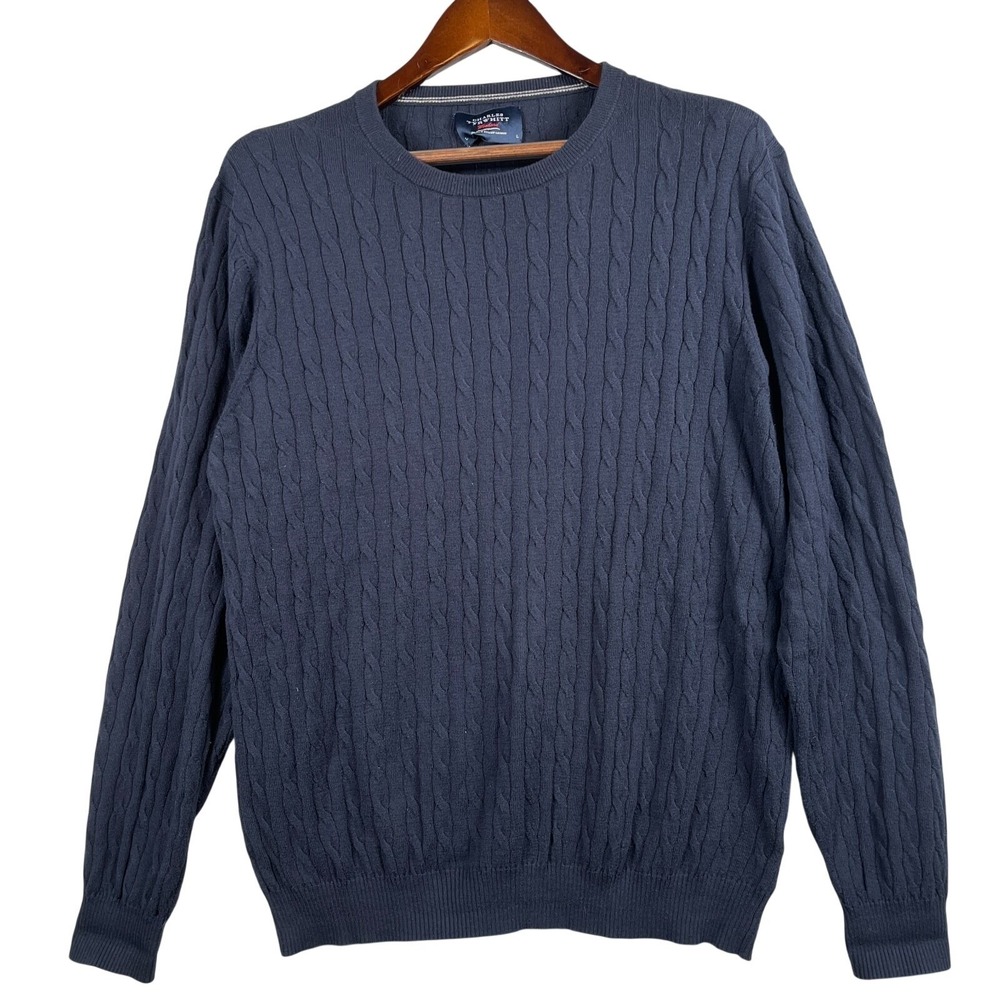 Charles Tyrwhitt Mens L Navy Cable Knit Crewneck Sweater Cotton Cashmere Blend